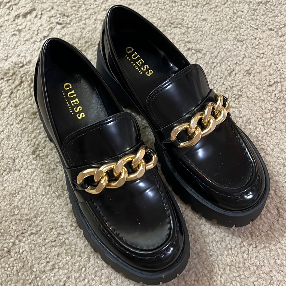 Guess Black Gold Chain Chunky Sole Loafers, 7.5